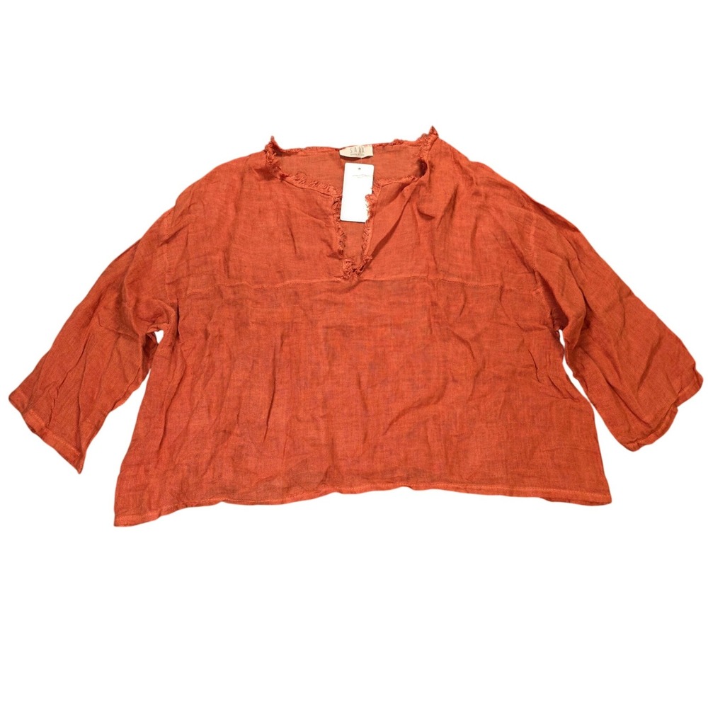 SAGA Linen Gauze Deep V Frayed Top Women's OS Terracotta Orange Made in Italy